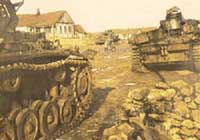 Немецкие танки проходят через украинское село.