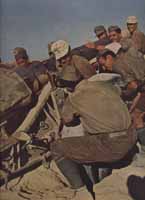 "Итальянские солдаты помогают немецким артиллеристам выкатить 105 мм орудие на позицию. В окрестностях г. Тобрук".